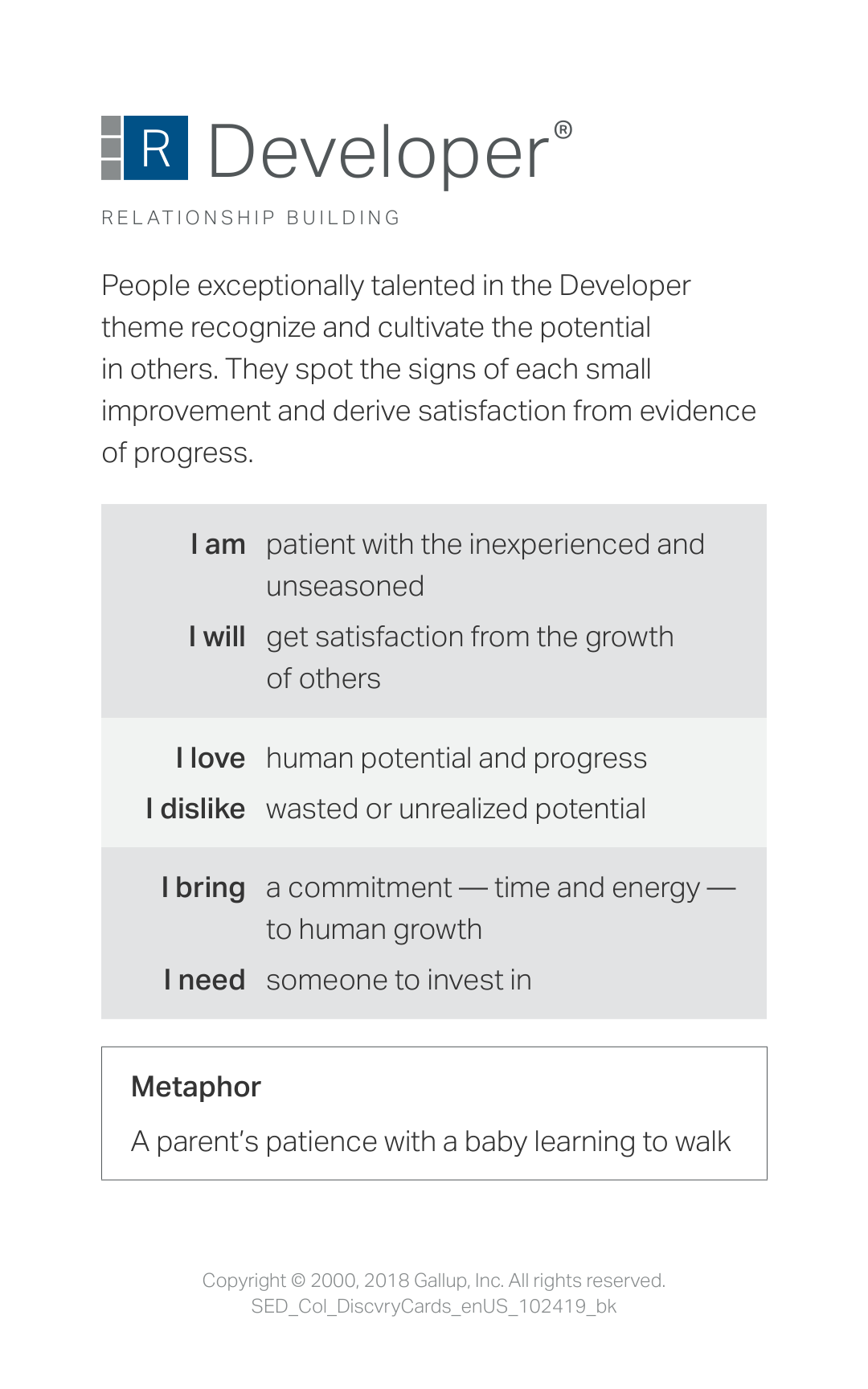 Developer strength card